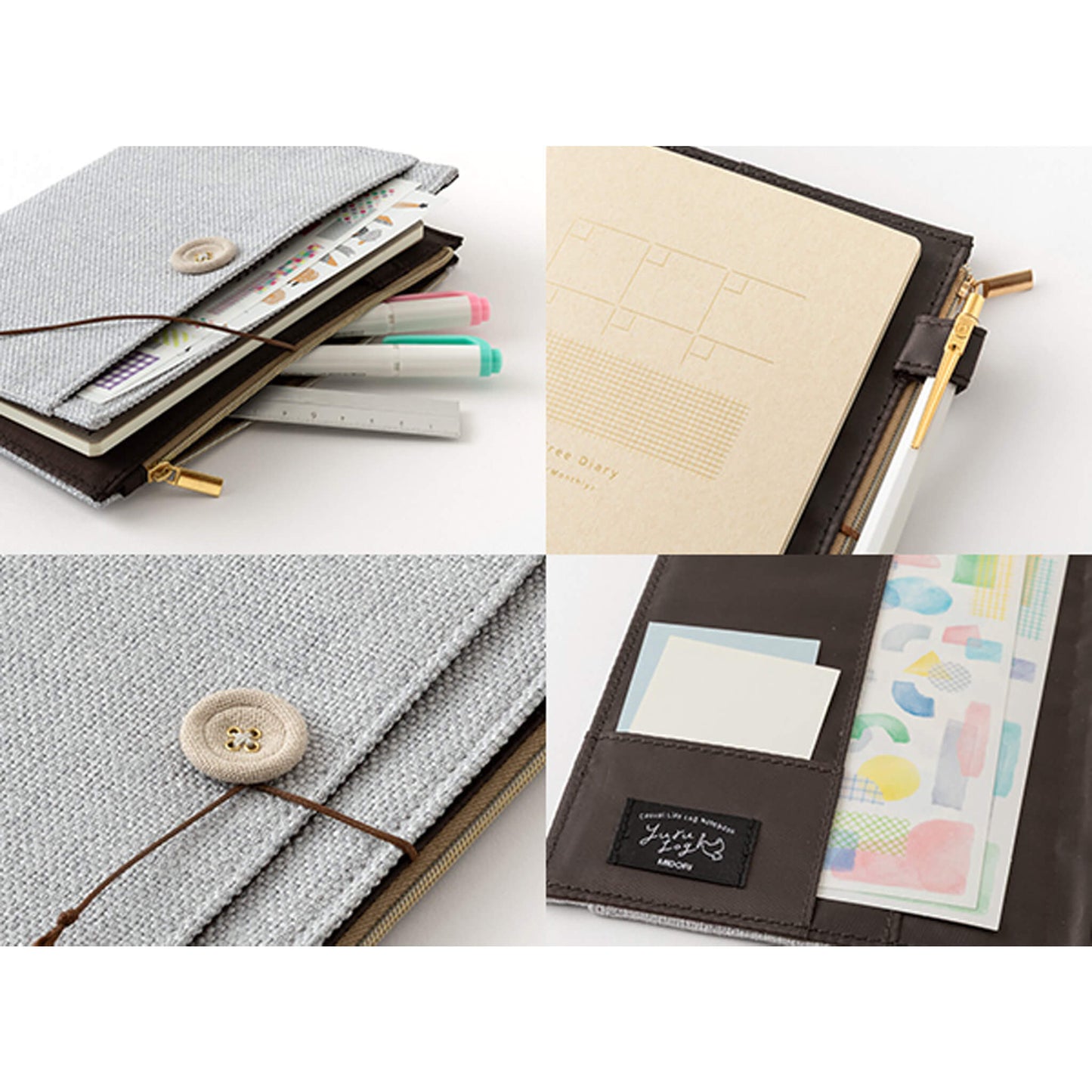 Midori Yuru Log Zipper Pouch Notebook Cover B6 Gray - Book Covers