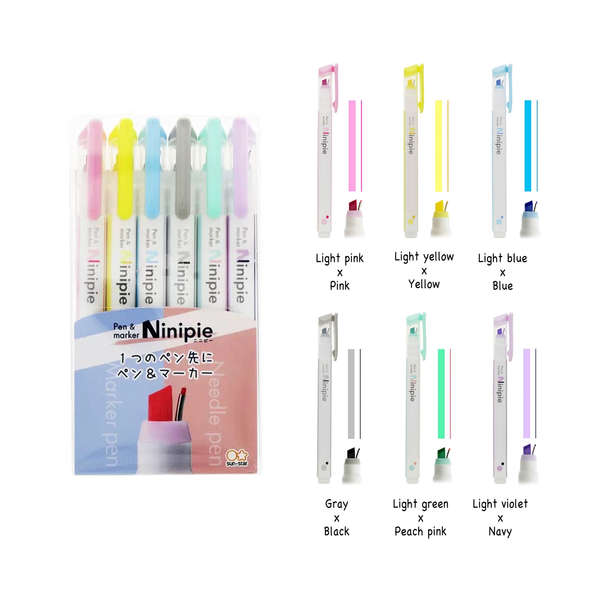 Sun - Star Ninipie Pen & Marker 6 - Color Set - Set A - Highlighters