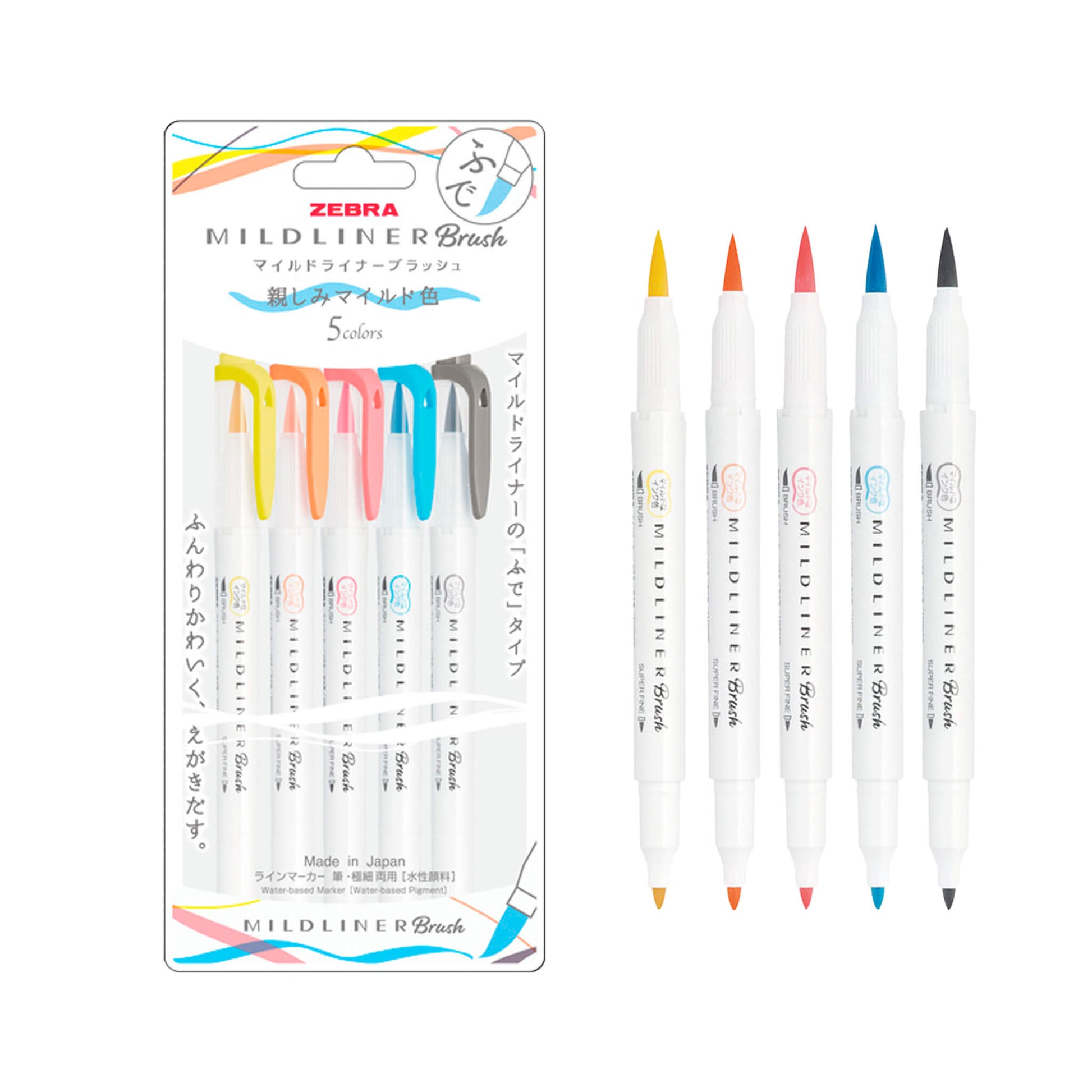 Zebra Mildliner Brush Pen - Friendly Mild Colors - Set of 5 - Brush Pens