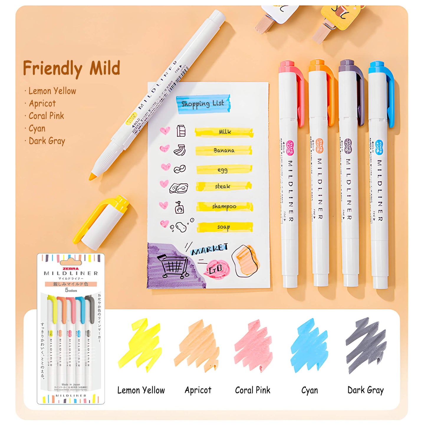 Zebra Mildliner Highlighter Set of 5 - Friendly Mild Colors - Highlighters