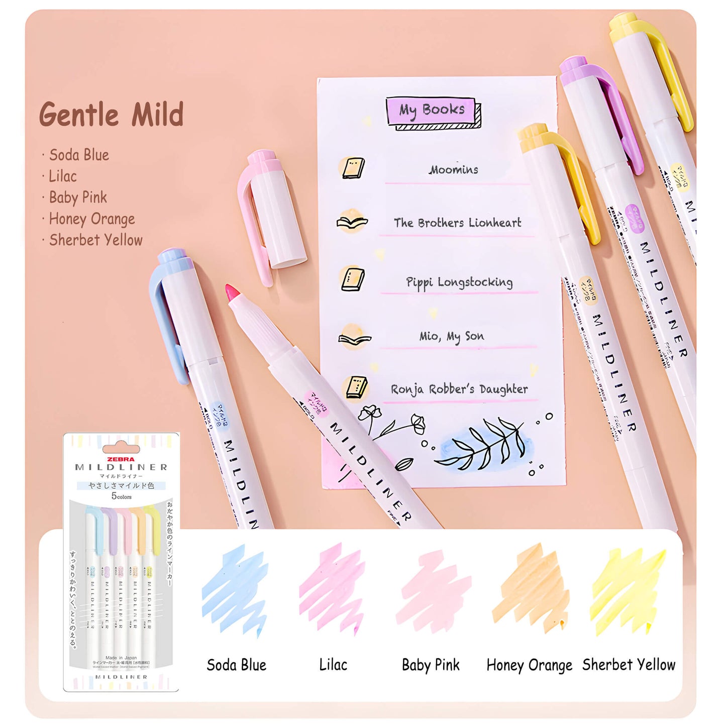 Zebra Mildliner Highlighter Set of 5 - Gentle Mild Colors - Highlighters