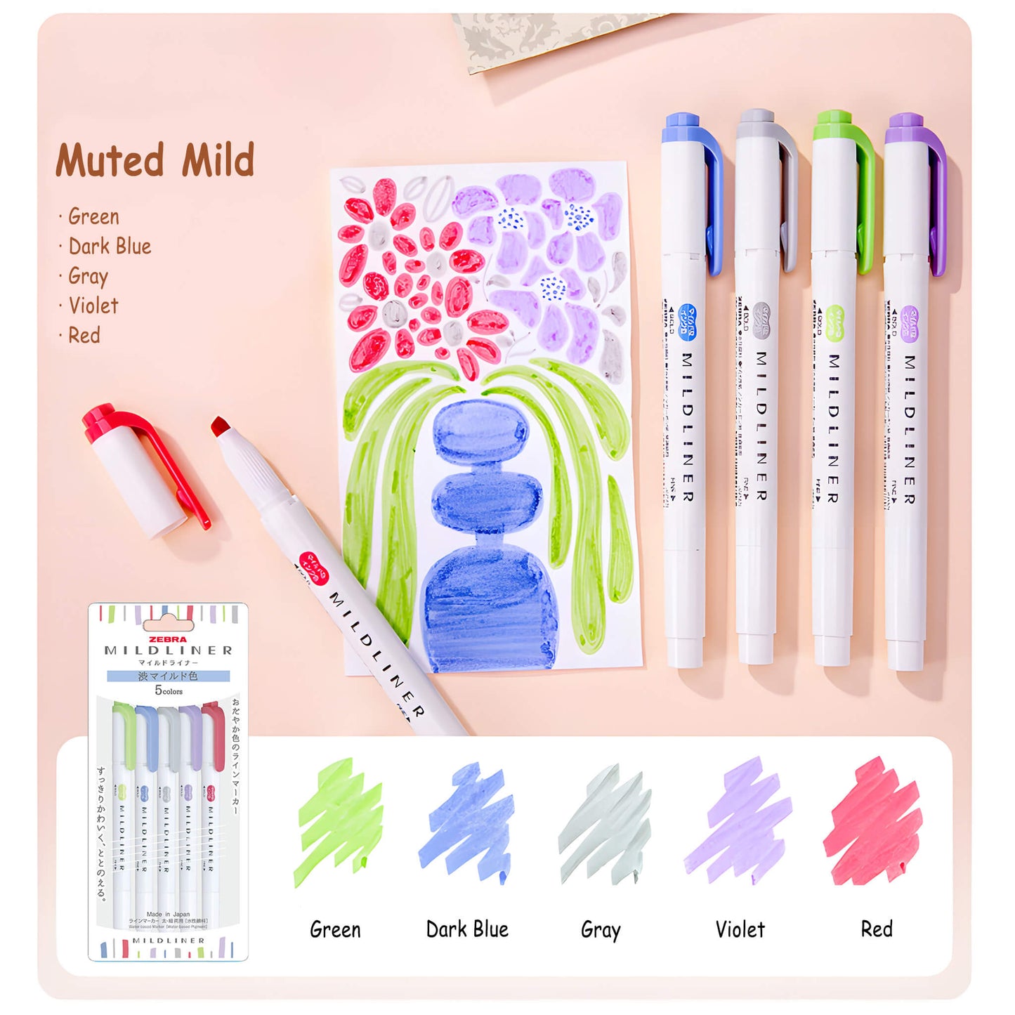 Zebra Mildliner Highlighter Set of 5 - Muted Mild Colors - Highlighters