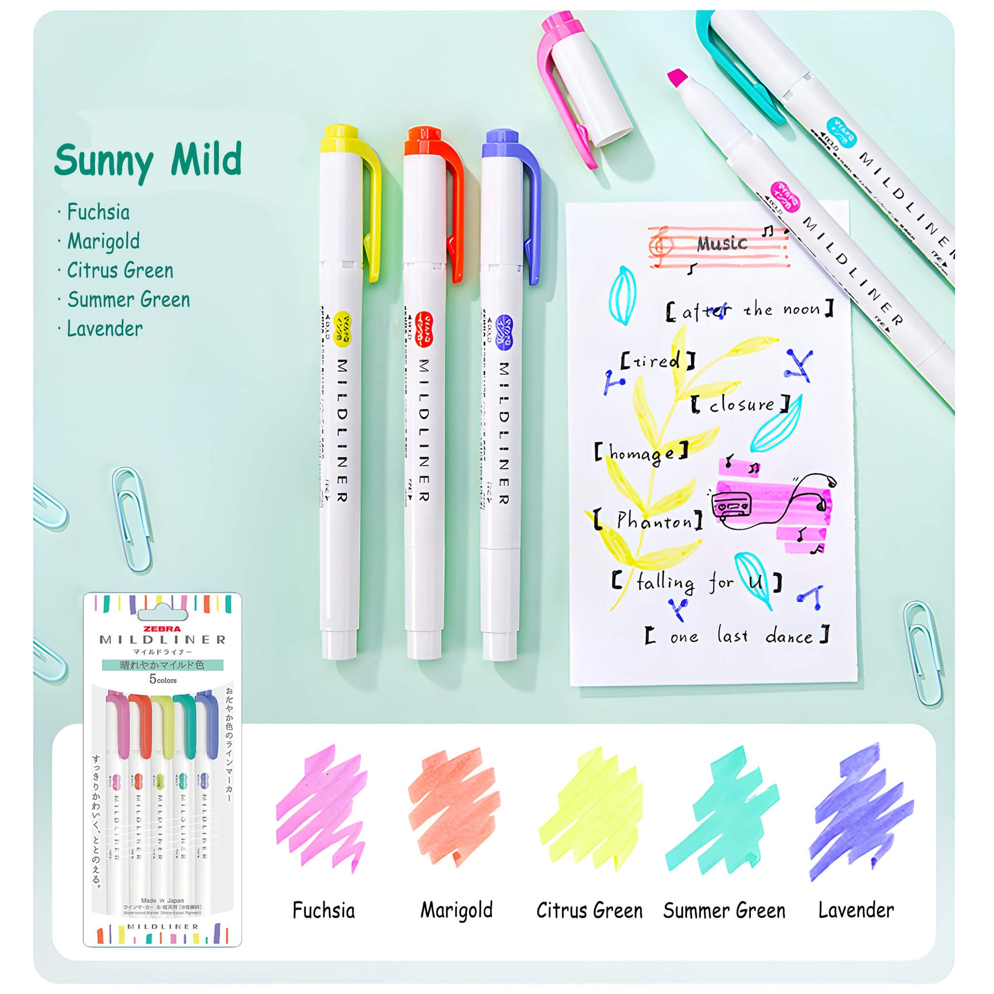 Zebra Mildliner Highlighter Set of 5 - Sunny Mild Colors - Highlighters