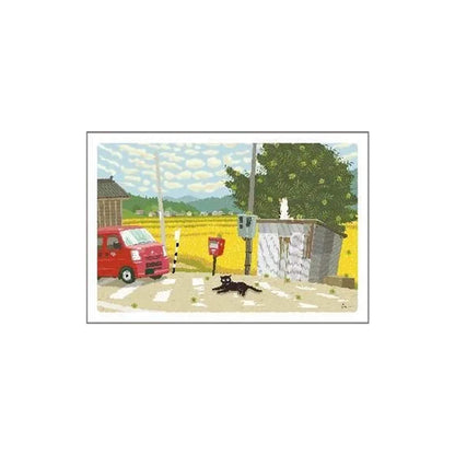 Active Corporation × Toshinori Mori Tabineko Autumn Postcard - Chestnut Tree and Postal Van [Vykort]