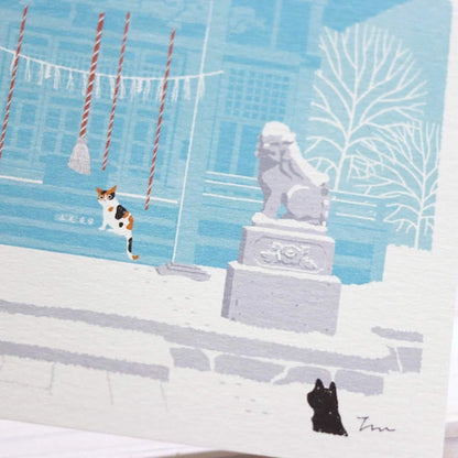 Active Corporation × Toshinori Mori Tabineko Autumn Postcard - Visiting the Shrine in the Snow [Vykort]