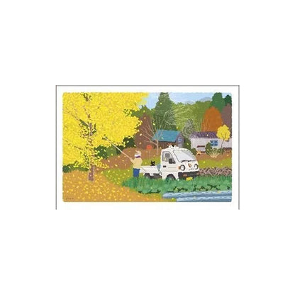 Active Corporation × Toshinori Mori Tabineko Autumn Postcard - Knocking Down Ginkgo Leaves - Postcards