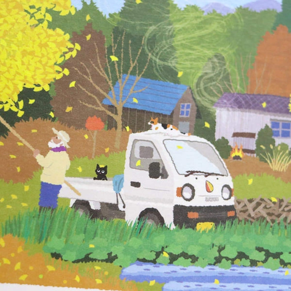 Active Corporation × Toshinori Mori Tabineko Autumn Postcard - Knocking Down Ginkgo Leaves - Postcards