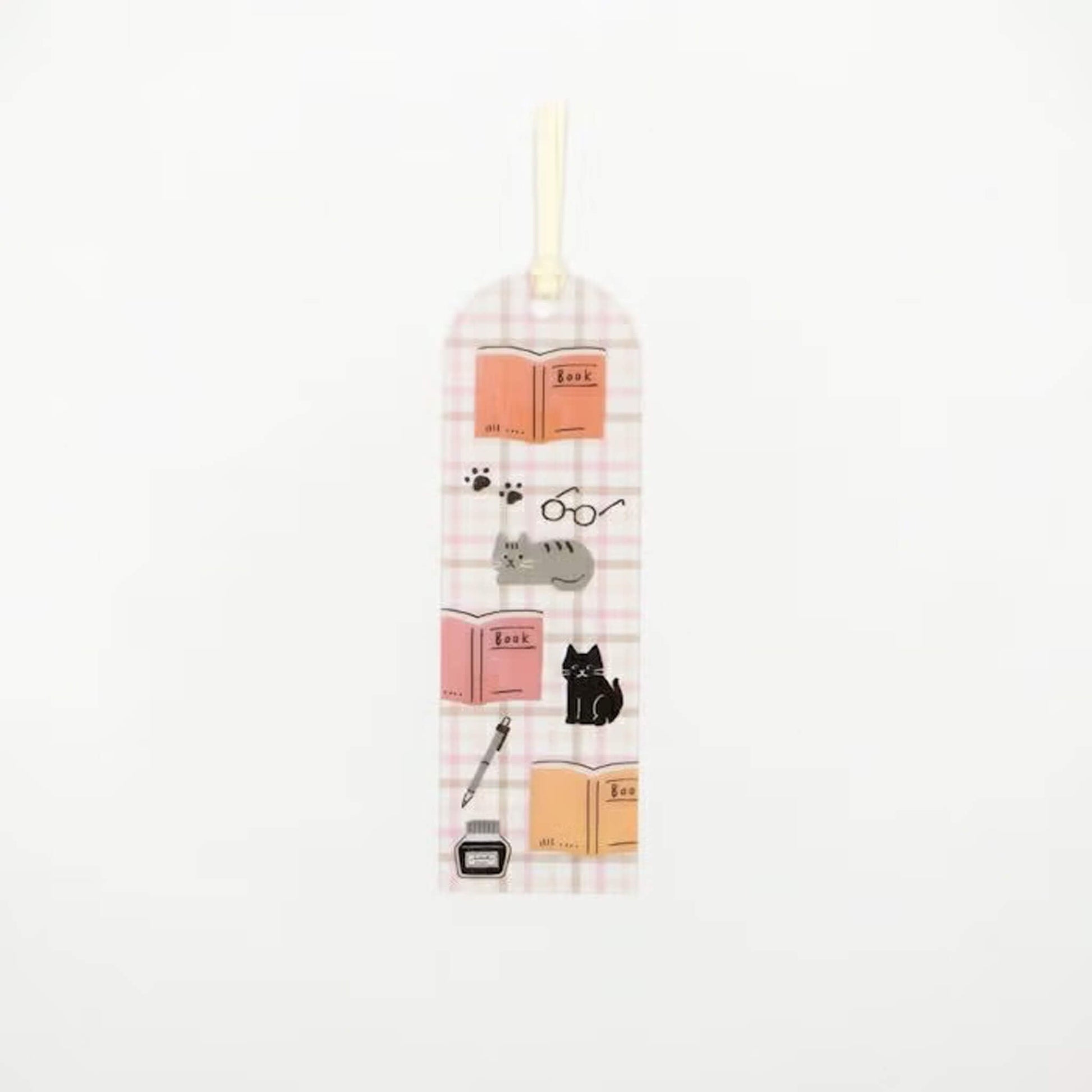Furukawa Shiko Clear Bookmark - Cat Pink Check - Hontowatashi - Bookmarks