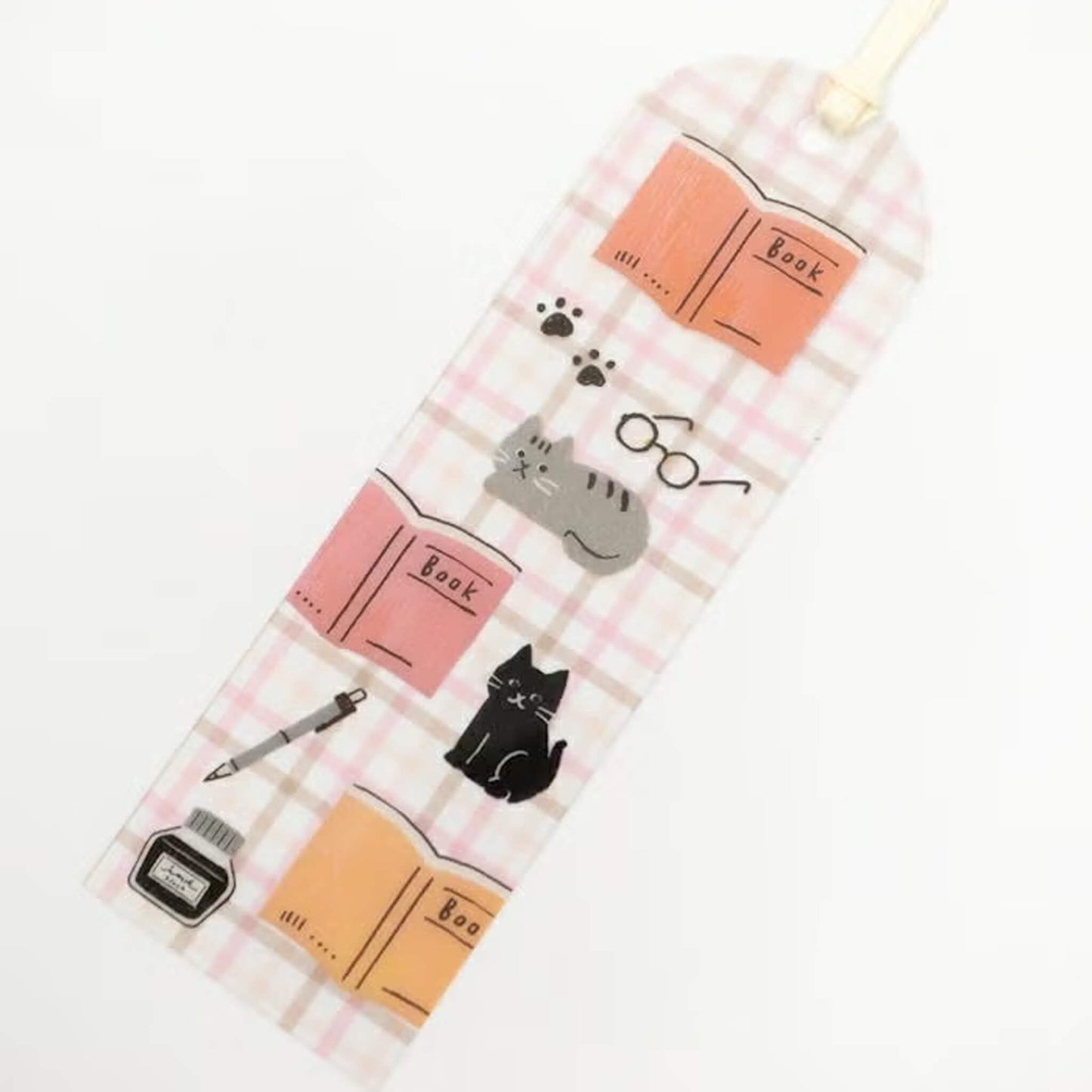 Furukawa Shiko Clear Bookmark - Cat Pink Check - Hontowatashi - Bookmarks
