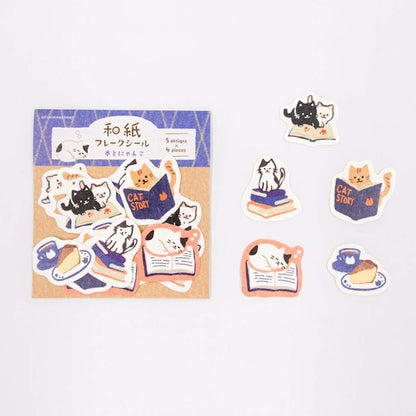 Furukawa Shiko Washi Flake Sticker - Book and Cat - Flake Stickers