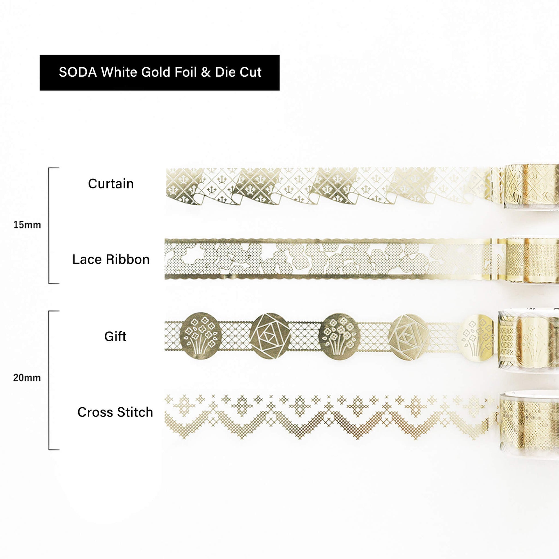 King Jim HITOTOKI SODA Transparent Tape White Gold Foil & Die Cut - Lace Ribbon [15mm] - PET Film Tapes