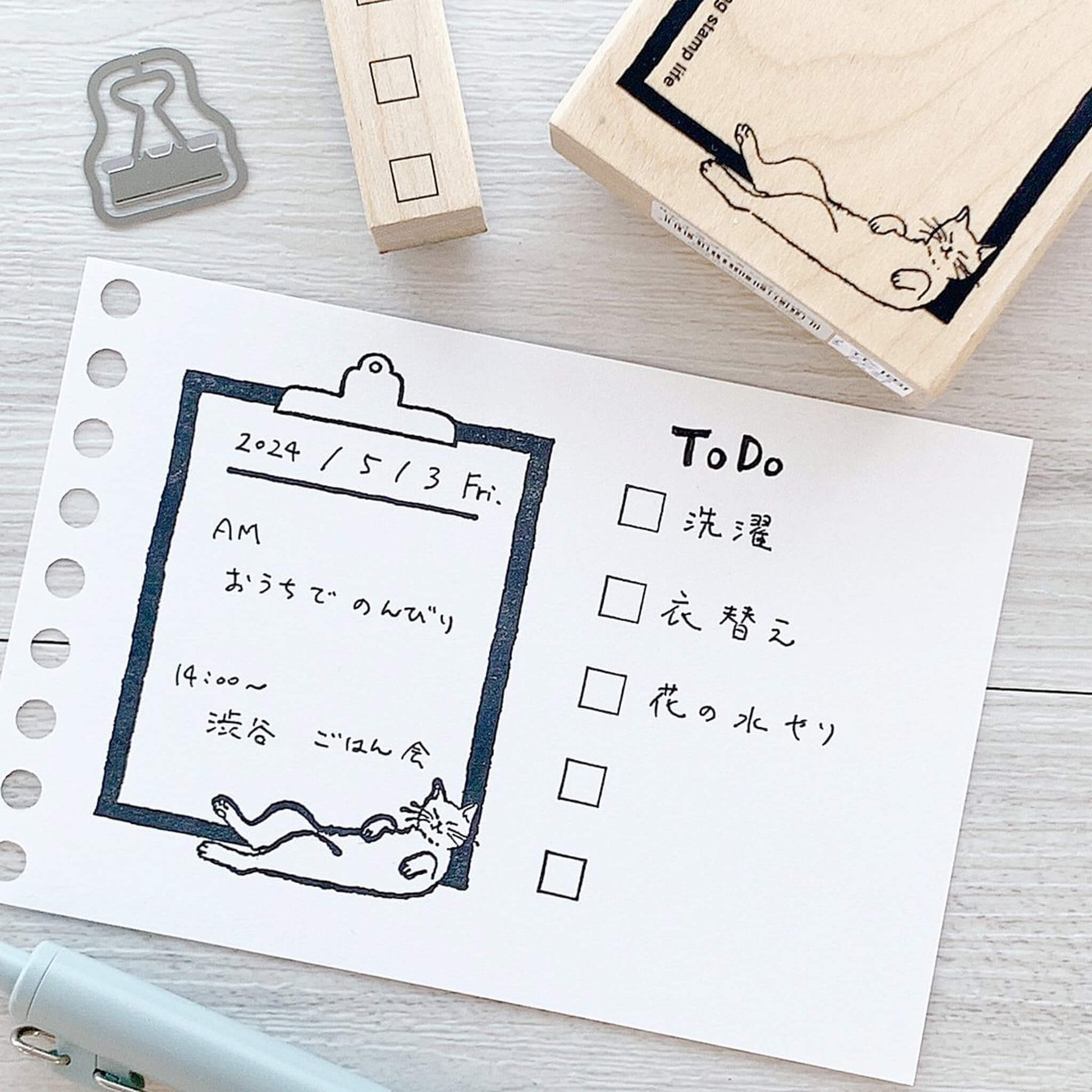 Kodomo no Kao I Love Stamp Series Cat & Memo - Clipboard Cat - Rubber Stamps