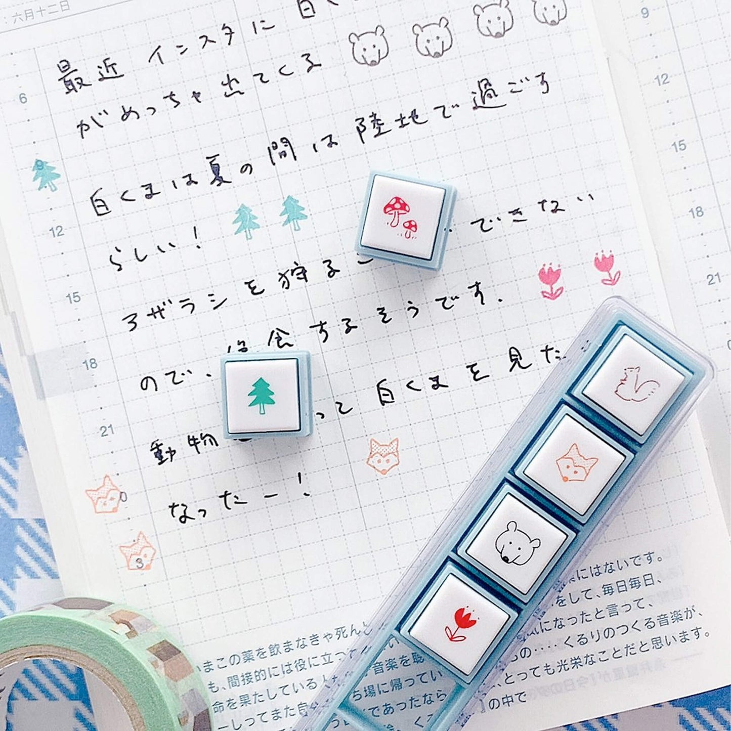 Kodomo no Kao Pochitto Pick! Push - Button Stamp - Forest Friends - Pre - inked Stamps