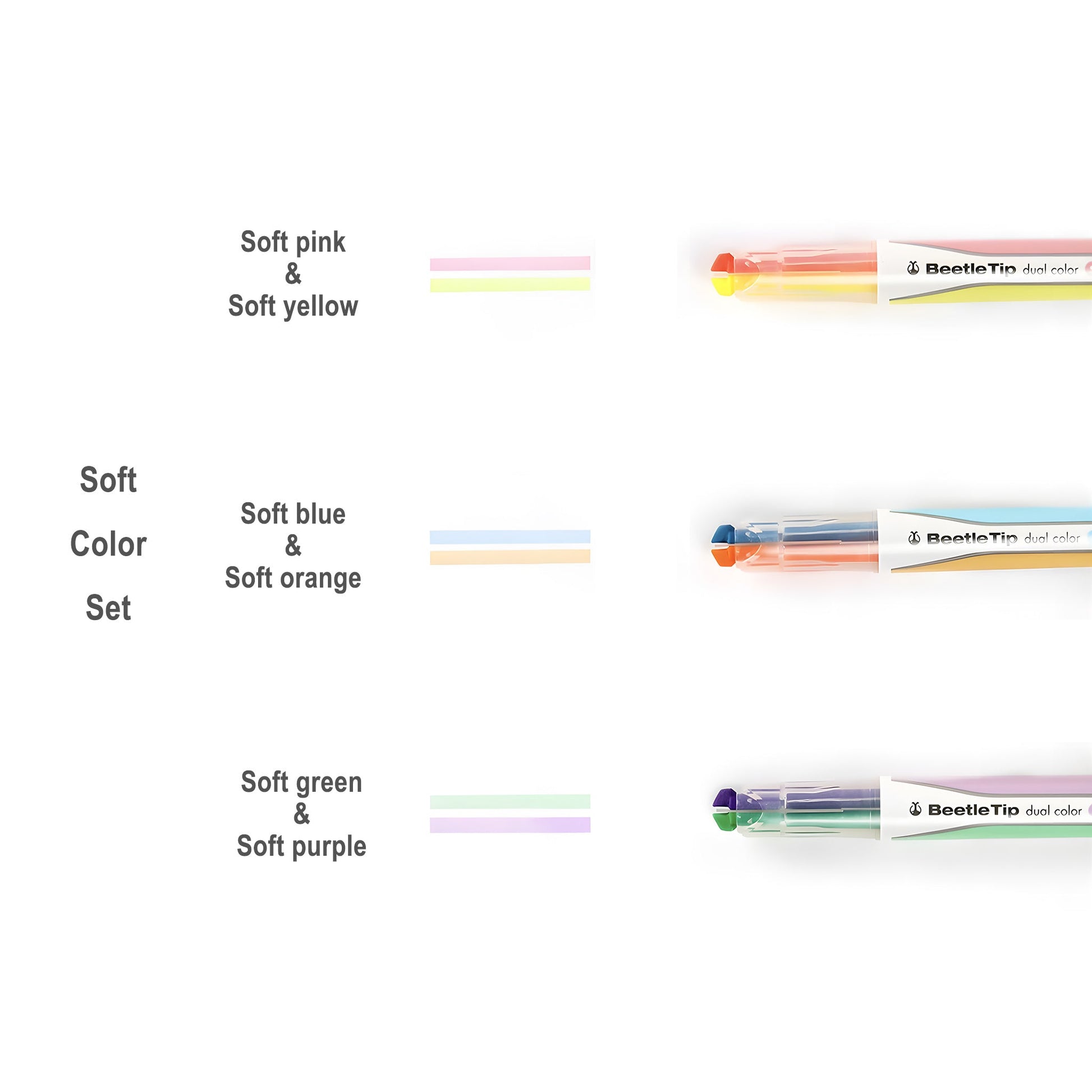 Kokuyo Beetle Tip Dual Color Highlighter Set of 3 - Soft Color - Highlighters