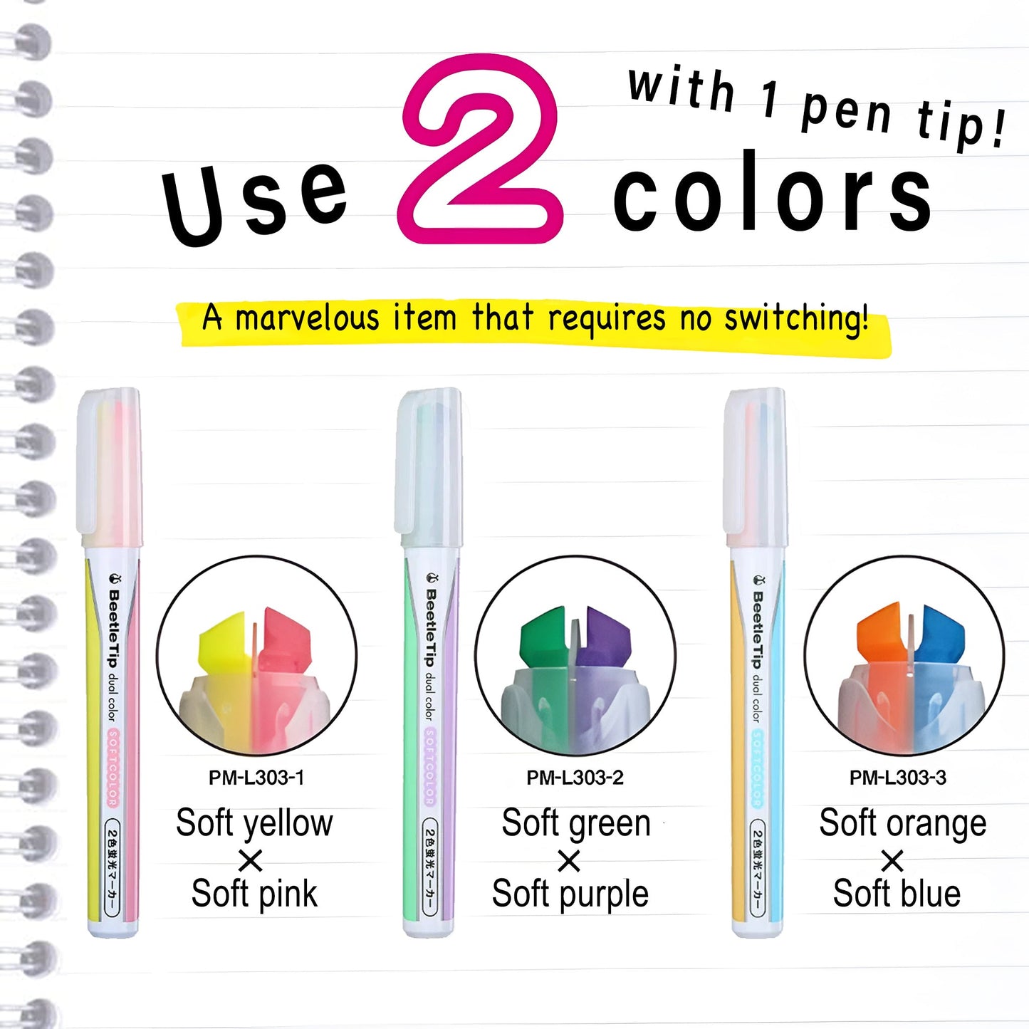 Kokuyo Beetle Tip Dual Color Highlighter Set of 3 - Soft Color - Highlighters