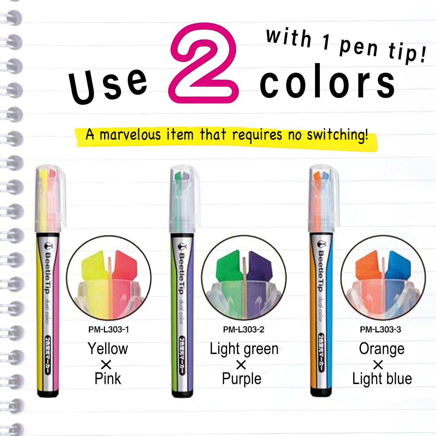 Kokuyo Beetle Tip Dual Color Highlighter Set of 3 - Standard Color - Highlighters