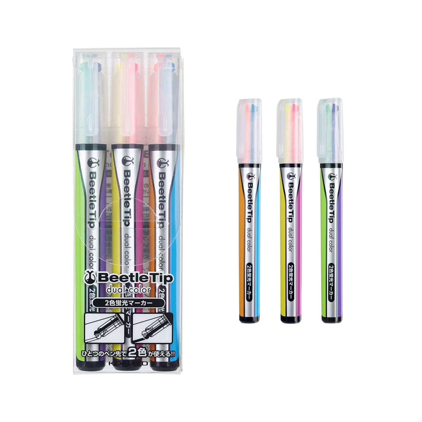 Kokuyo Beetle Tip Dual Color Highlighter Set of 3 - Standard Color - Highlighters