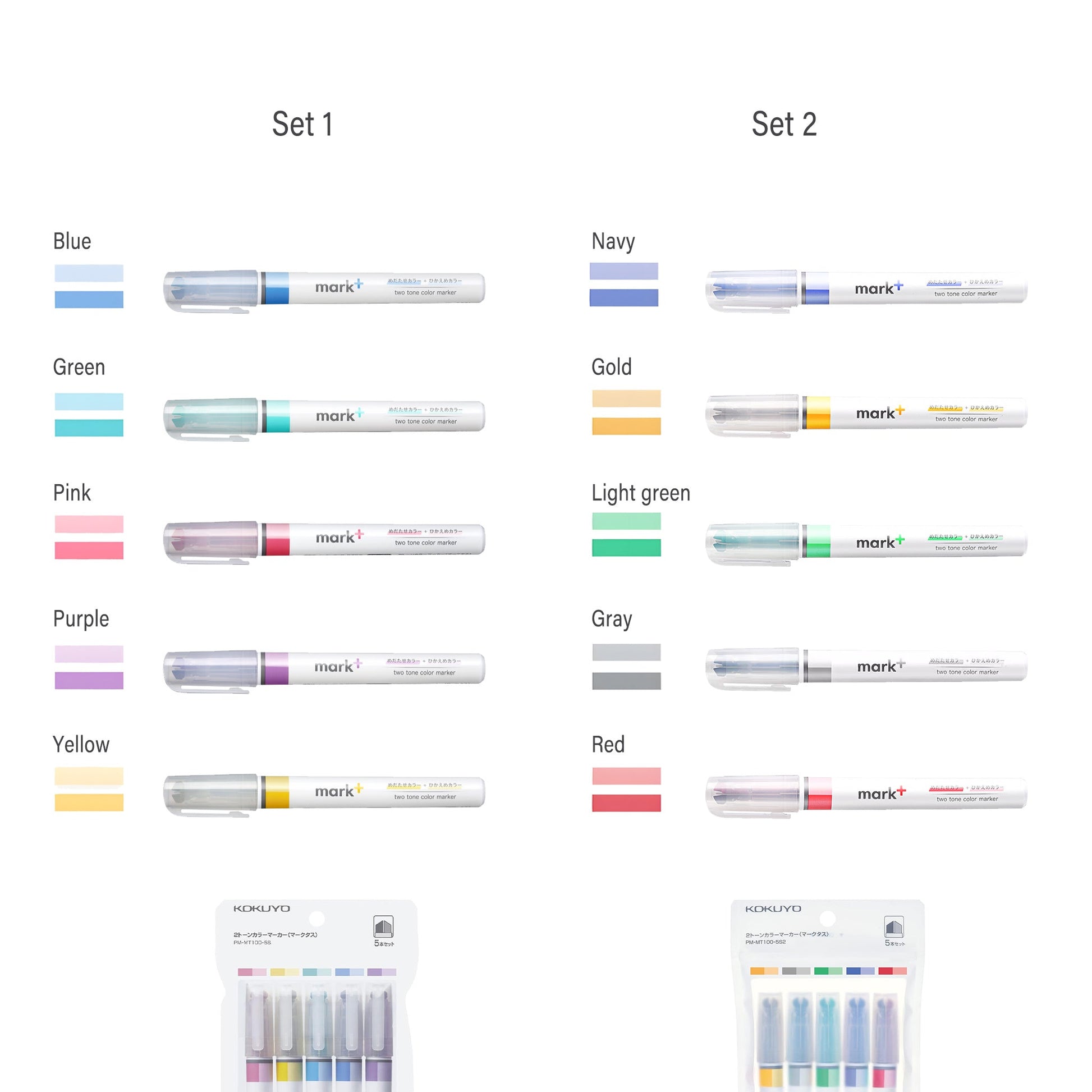 Kokuyo Mark+ Two - Tone Color Marker 5 - pc Set - Color Type - Set 1 - Highlighters