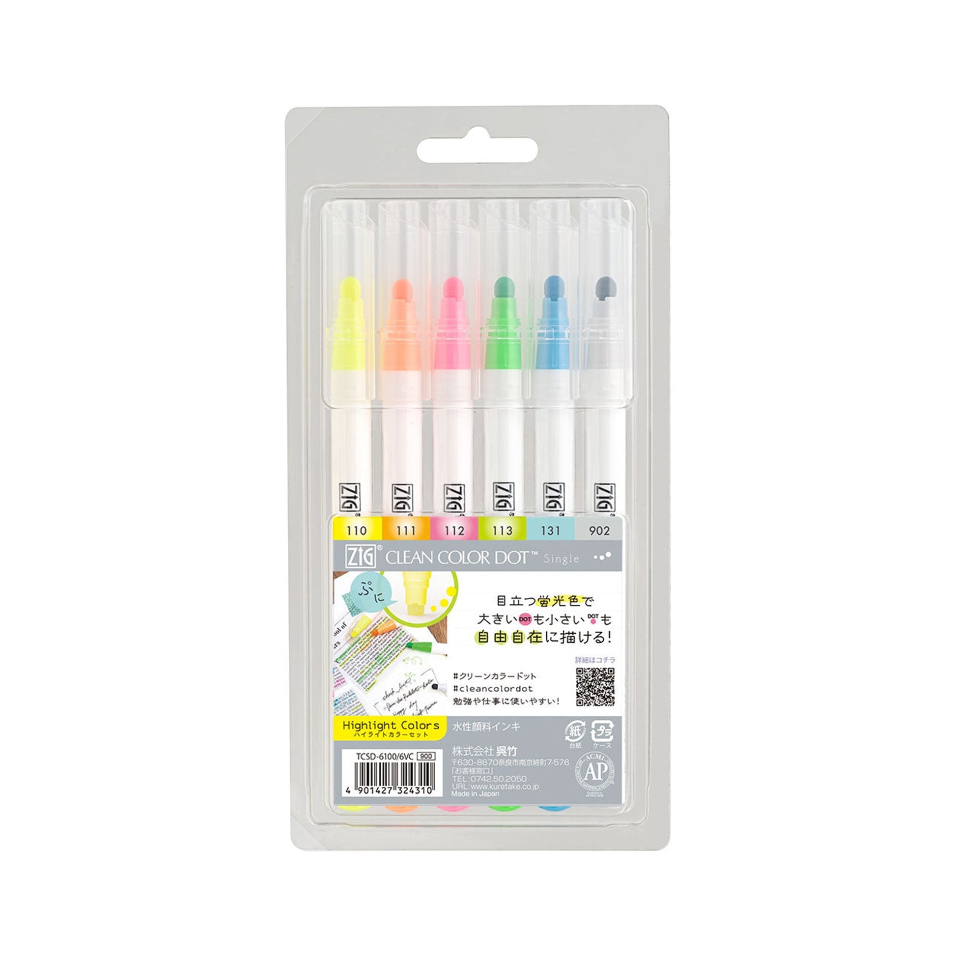 Kuretake ZIG Clean Color Dot Set of 6 - Highlight Color - Dot Markers