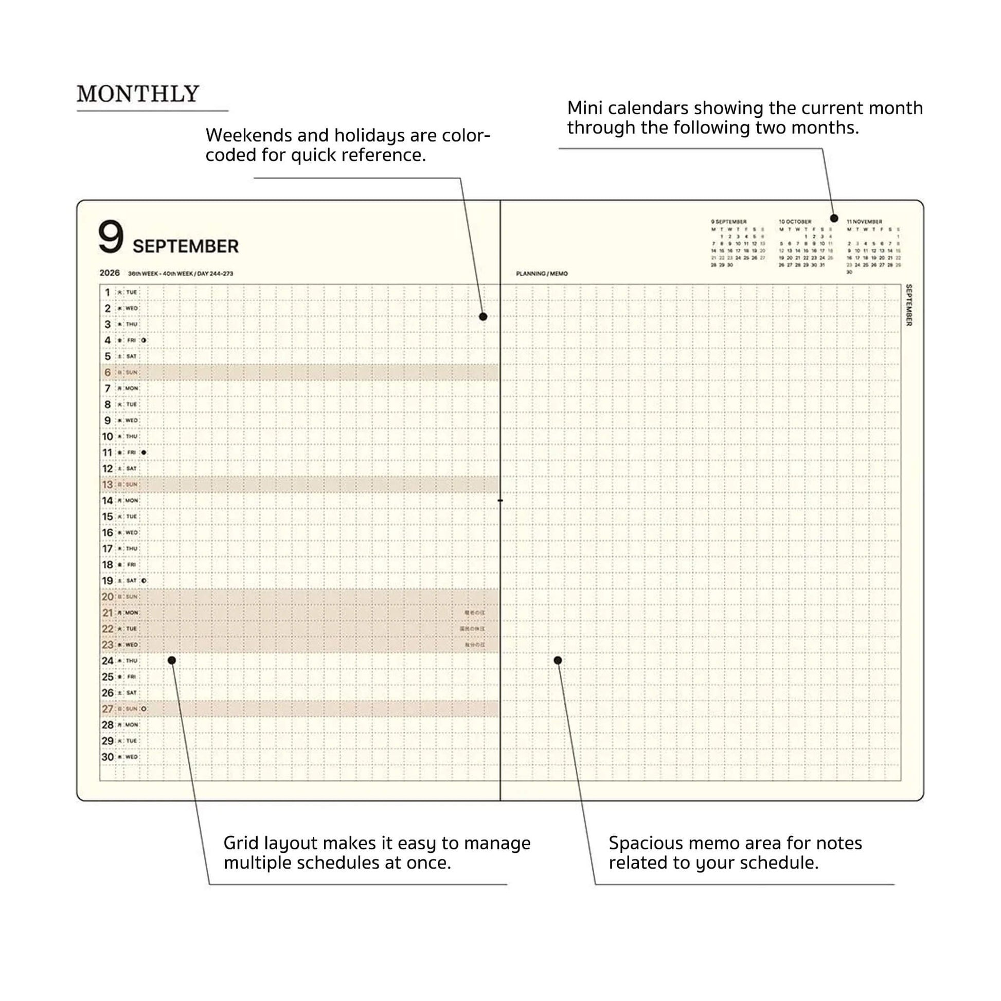 LACONIC Diary 2027 - A5 Left-Monthly [Sep 2026 Start] - Black - 2027 Dairies & Planners