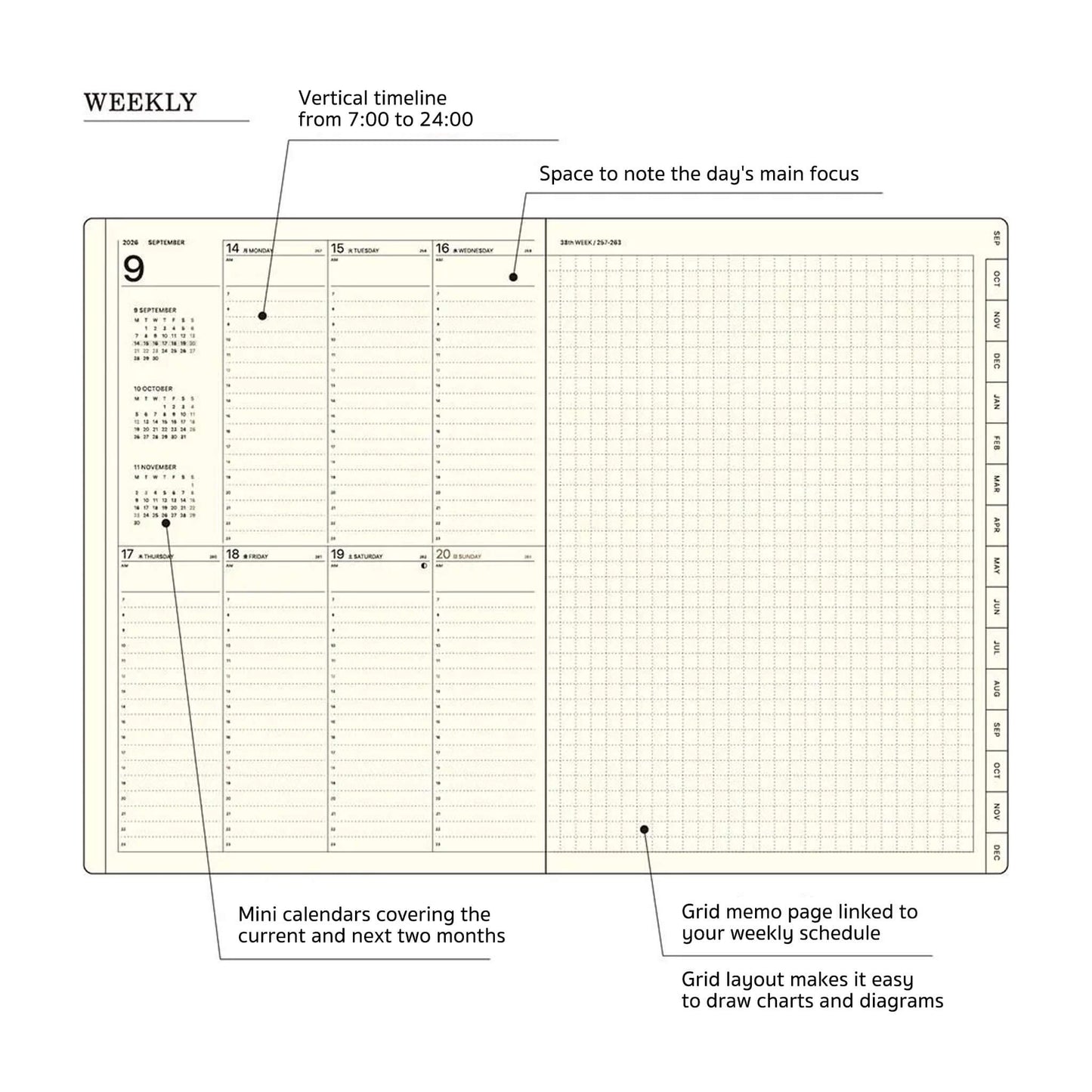 LACONIC Diary 2027 - A5 Vertical Weekly & Memo [Sep 2026 Start] - Beige - 2027 Dairies & Planners