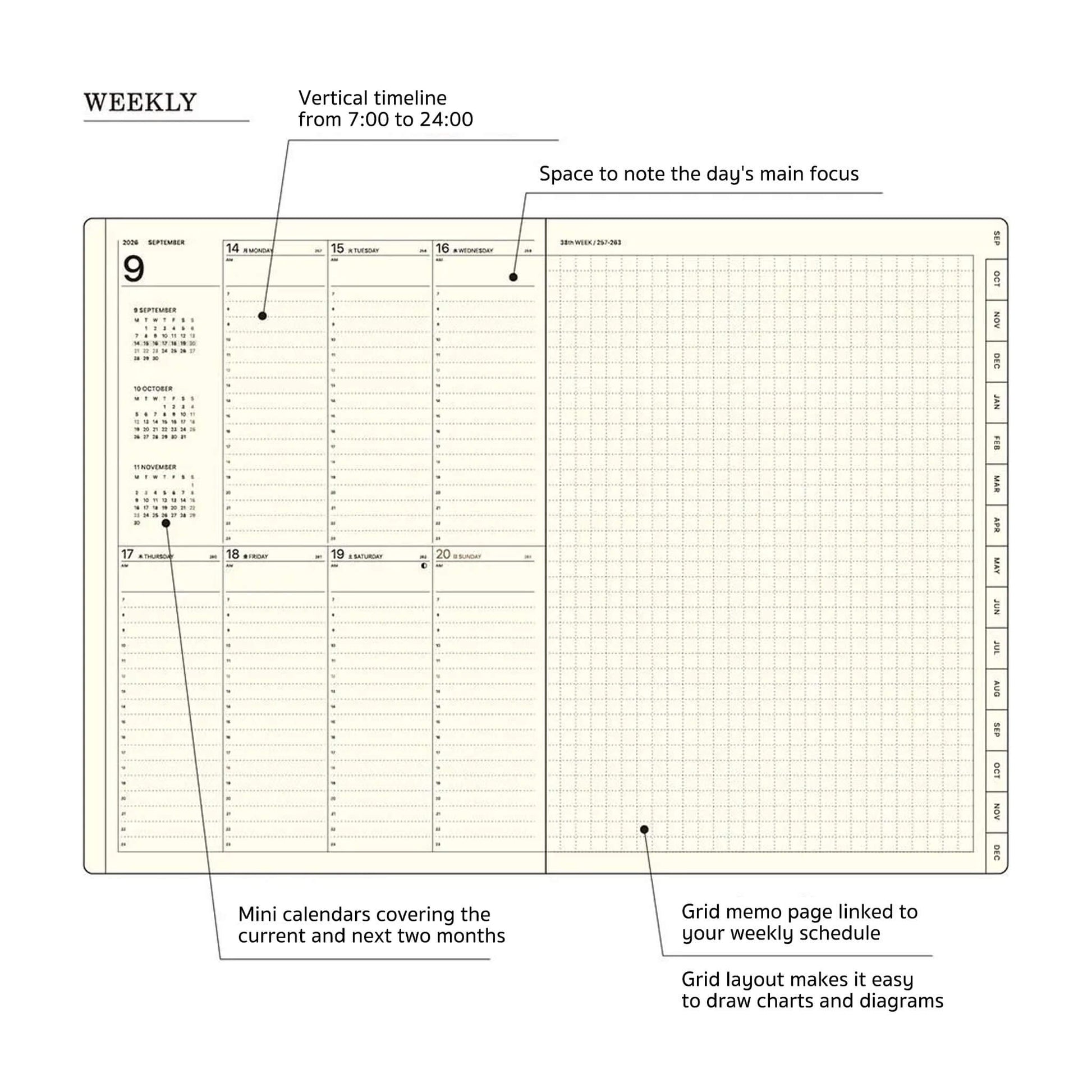LACONIC Diary 2027 - A5 Vertical Weekly & Memo [Sep 2026 Start] - Beige - 2027 Dairies & Planners