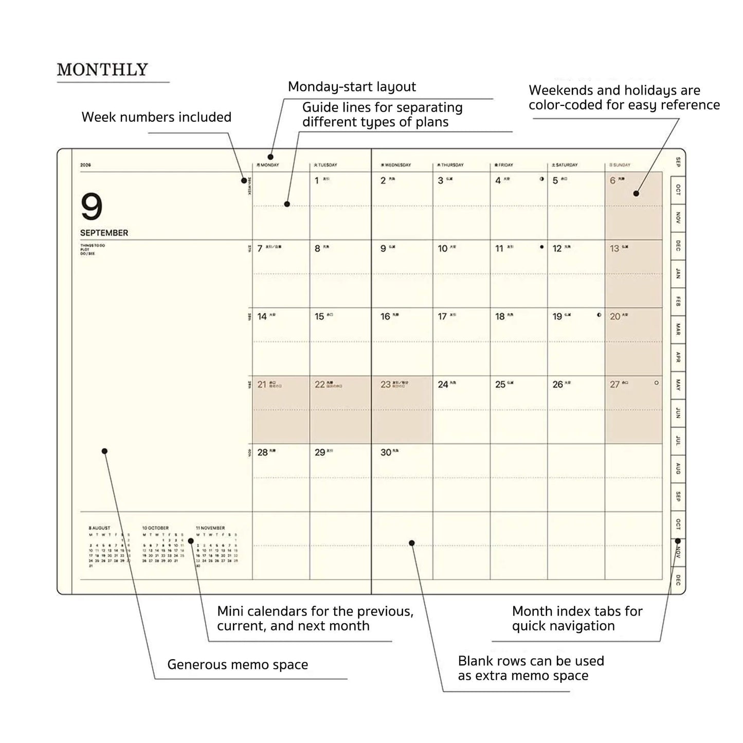 LACONIC Diary 2027 - A5 Vertical Weekly & Memo [Sep 2026 Start] - Beige - 2027 Dairies & Planners