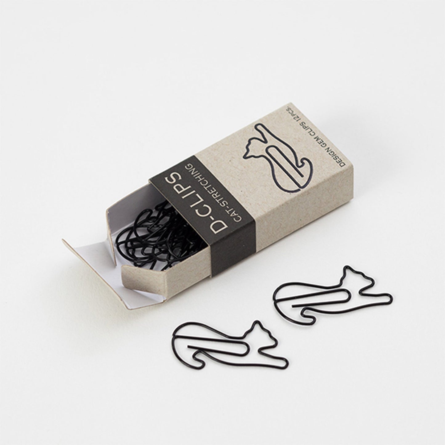 Midori D - clips Mini Box - Black Stretching Cat - Paper Clips