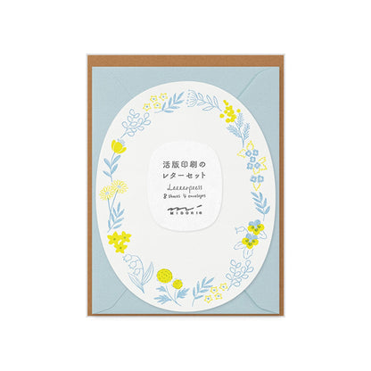 Midori Letterpress Die Cut Letter Set - Blue Wreath - Mini Letter Writing Sets