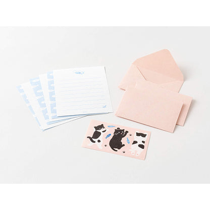 Midori Mogumogu Mini Letter Set with Animal Sealing Sticker - Cat - Mini Letter Writing Sets