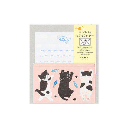Midori Mogumogu Mini Letter Set with Animal Sealing Sticker - Cat - Mini Letter Writing Sets