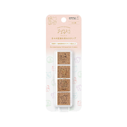 Midori Yuru Log Pre - inked Color Stamp Set - Cat - Pre - inked Stamps