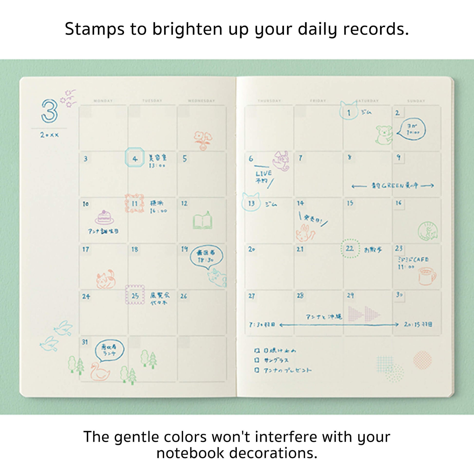 Midori Yuru Log Pre - inked Color Stamp Set - Daily Life - Pre - inked Stamps