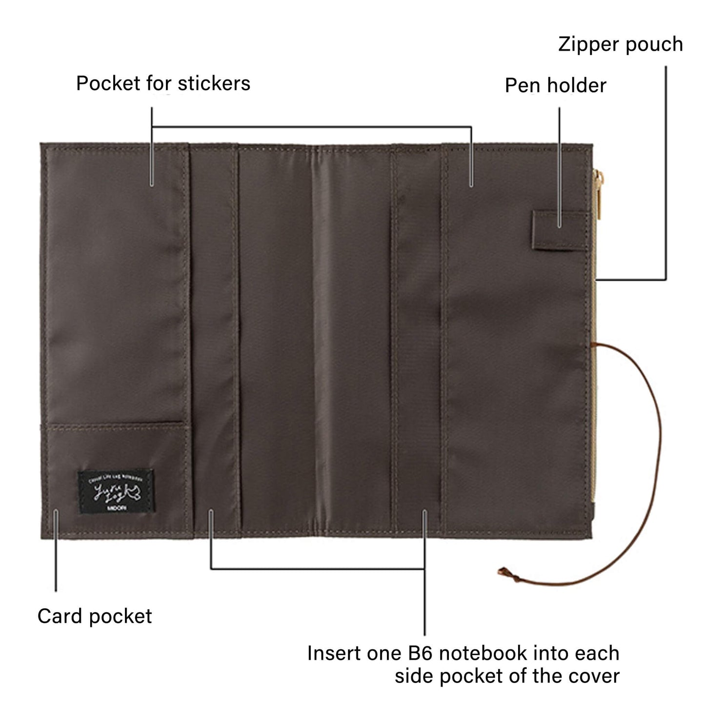 Midori Yuru Log Zipper Pouch Notebook Cover B6 Gray - Book Covers