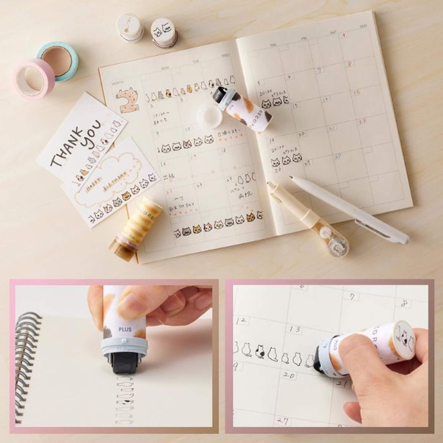 PLUS Deco Roll Stamp Limited - Neko Roll - Face / Black - Pre-inked Stamps