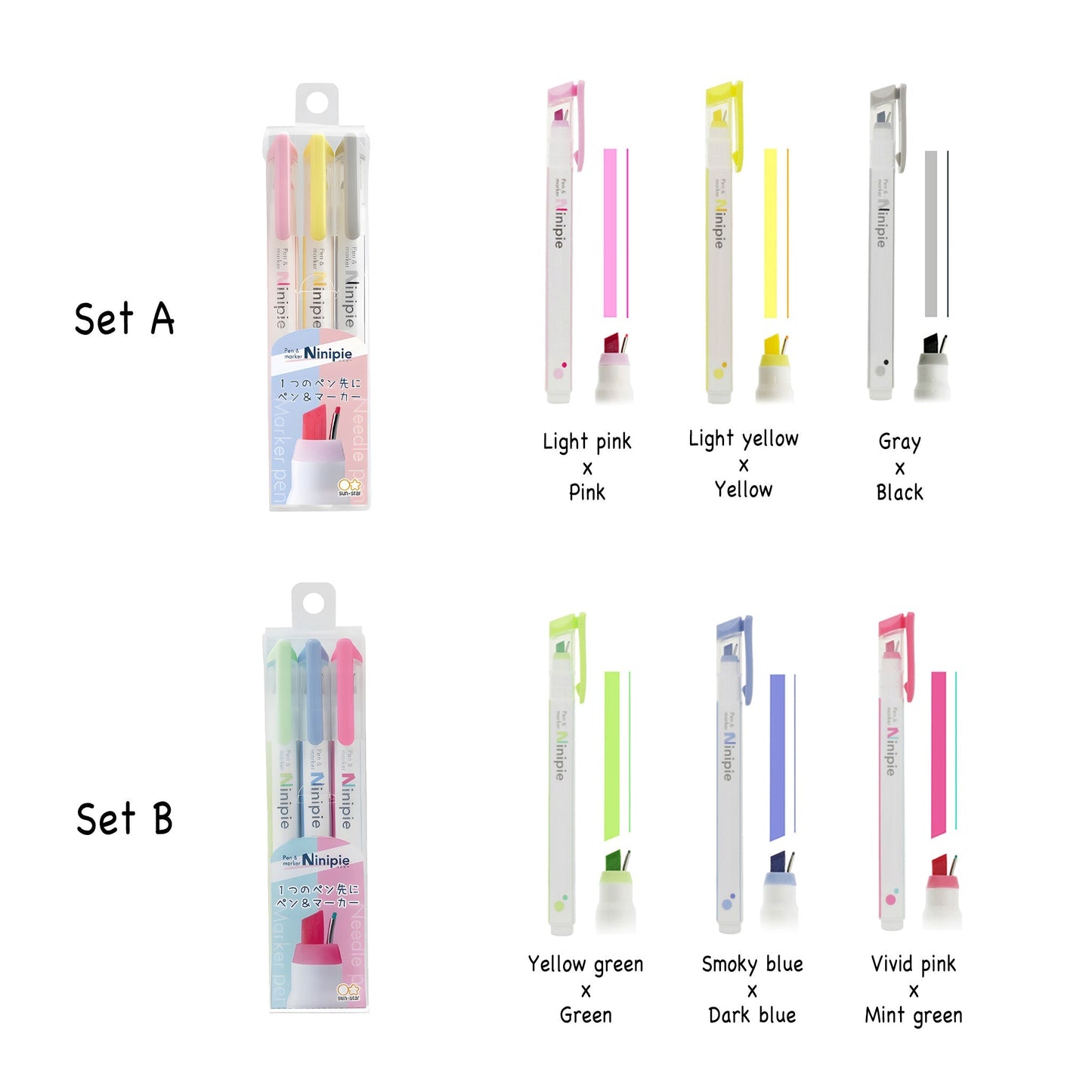 Sun - Star Ninipie Pen & Marker 3 - Color Set - Set A - Highlighters