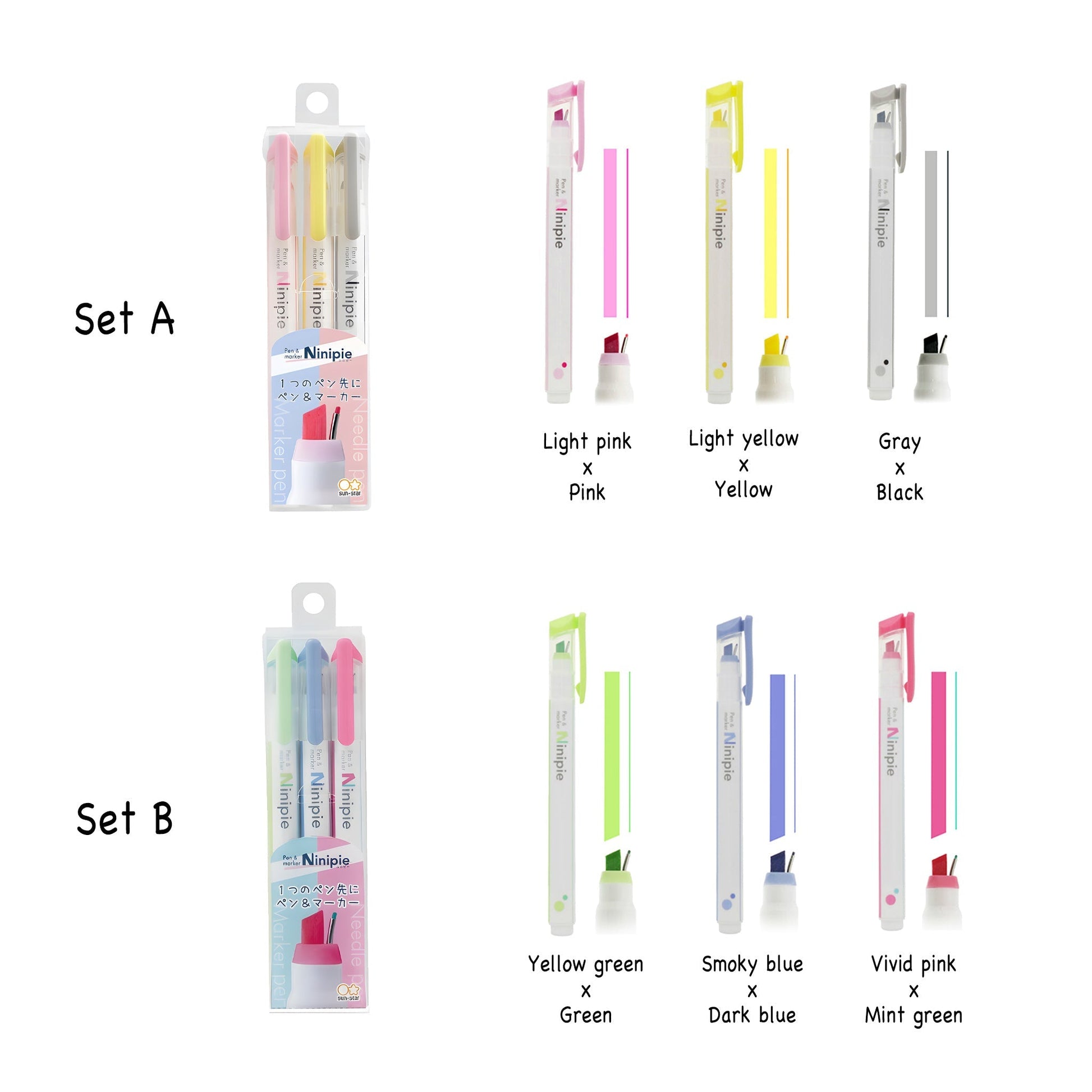 Sun - Star Ninipie Pen & Marker 3 - Color Set - Set A - Highlighters