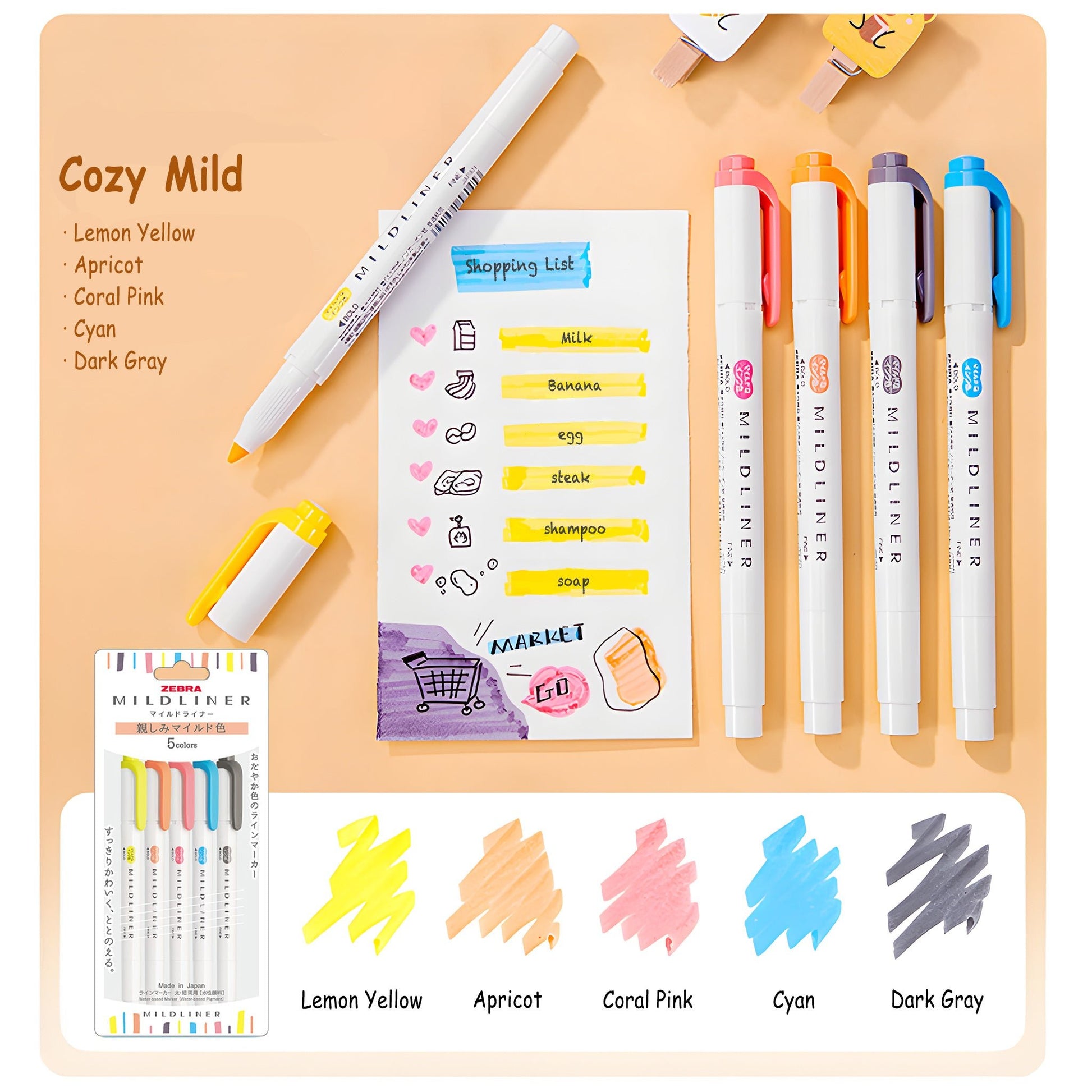 Zebra Mildliner Highlighter Set of 5 - Cozy Mild Colors - Highlighters