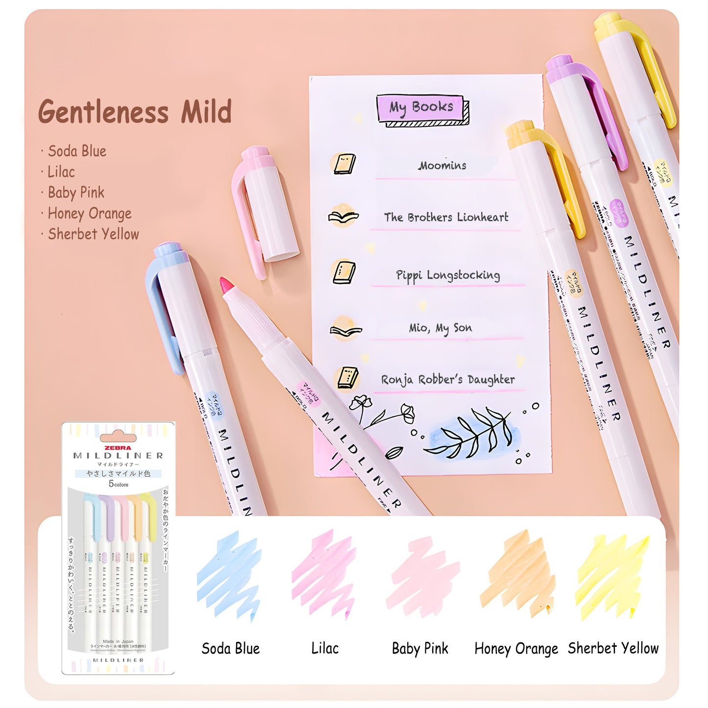 Zebra Mildliner Highlighter Set of 5 - Gentleness Mild Colors - Highlighters