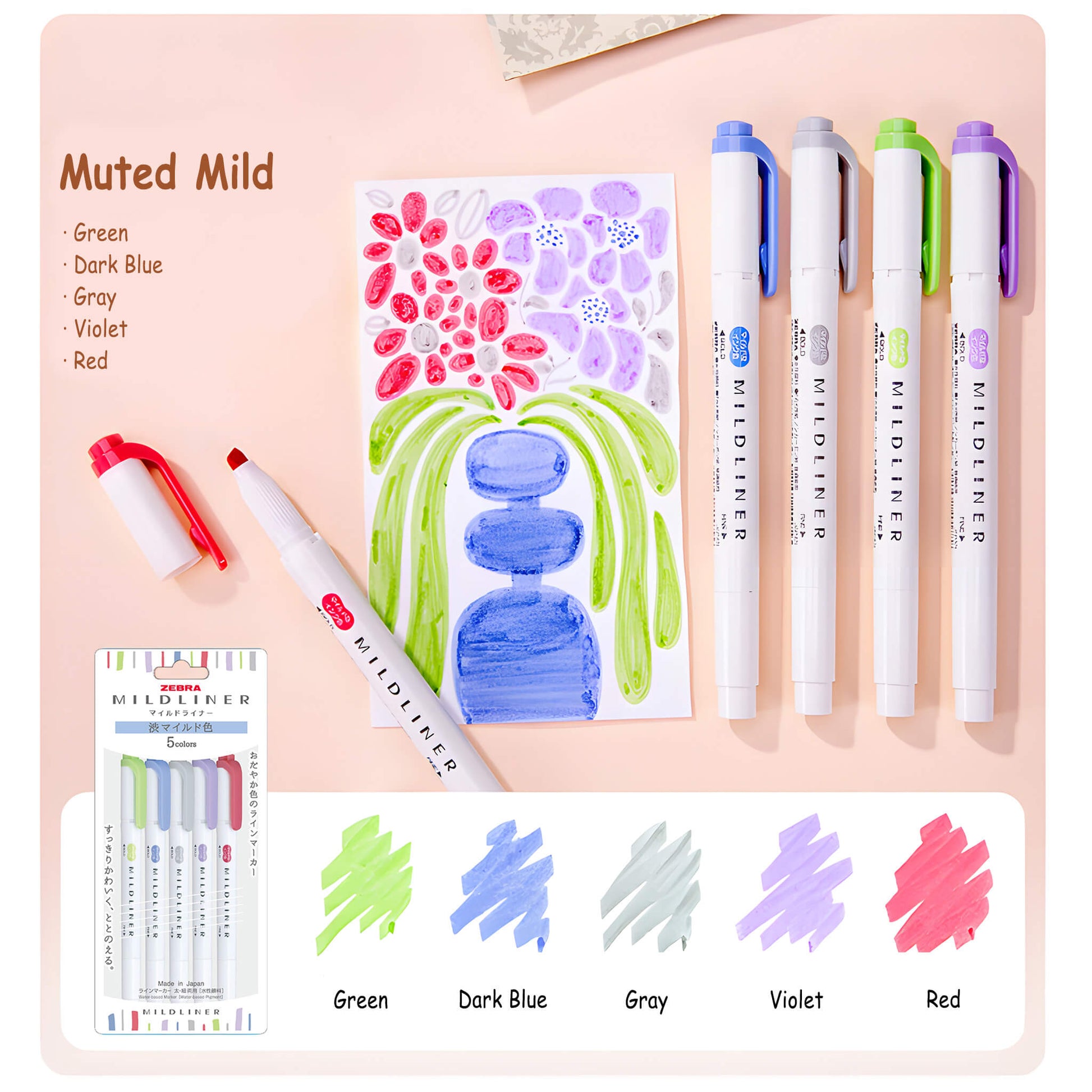 Zebra Mildliner Highlighter Set of 5 - Muted Mild Colors - Highlighters