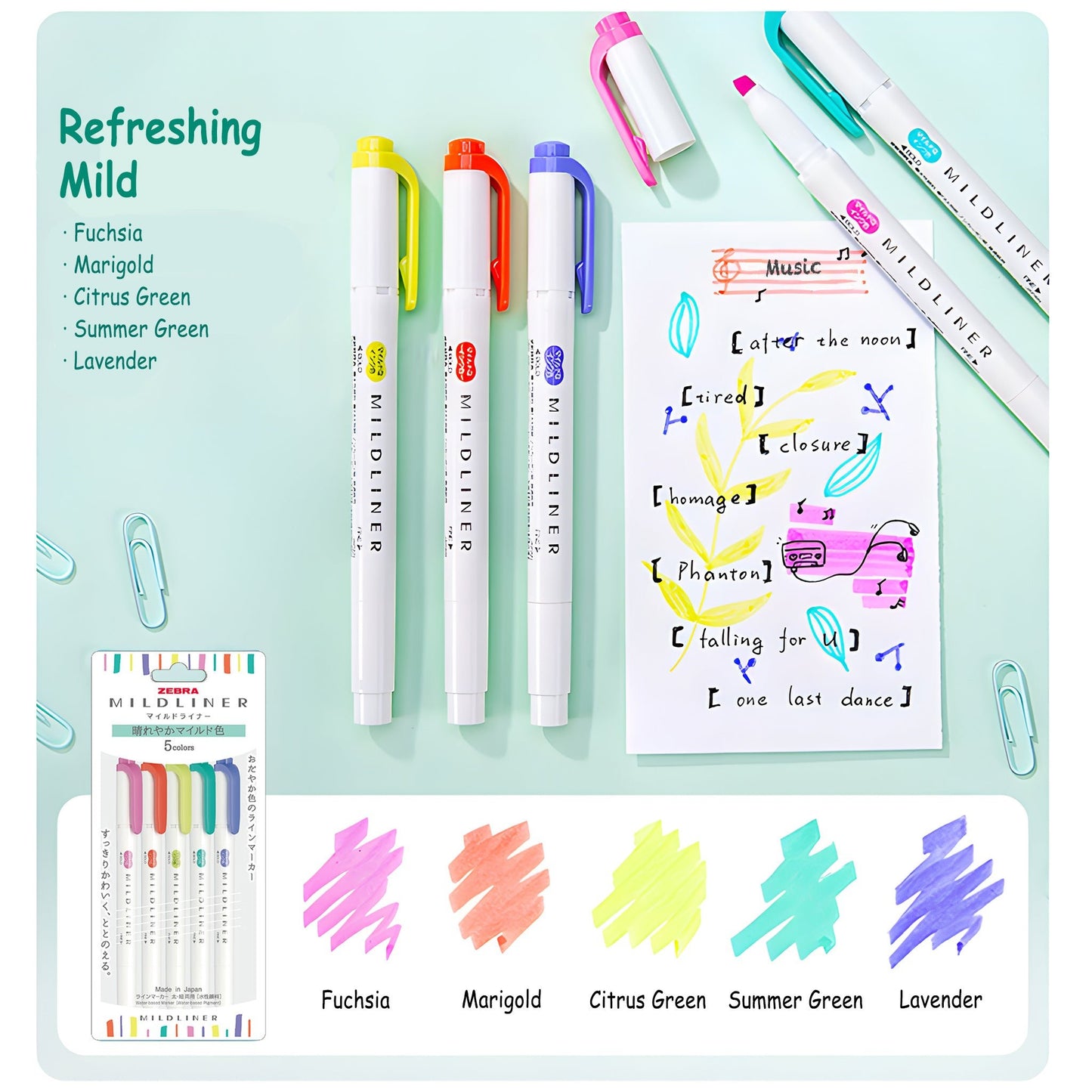 Zebra Mildliner Highlighter Set of 5 - Refreshing Mild Colors - Highlighters