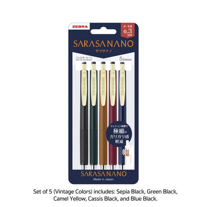 Zebra Sarasa Nano Gel Pen 0.3mm - Set of 5 (Vintage Colors) - Gel & Rollerball Pens